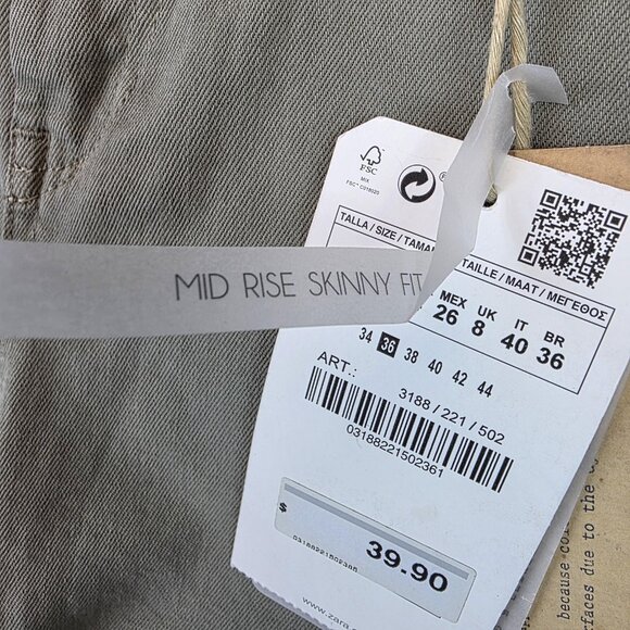 Zara Z1975 Basic Jeans Womens 4 Olive Green Mid Rise Skinny Fit Stretch Denim - Picture 3 of 14